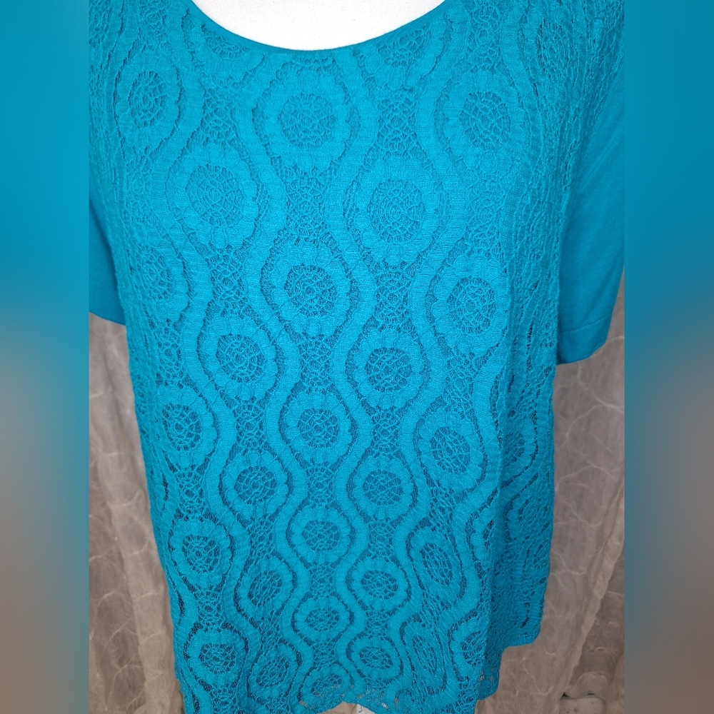 Croft & Barrow Teal Blue Lace Crochet Short Sleeve Scoop Neck Top PXL - Picture 2 of 6
